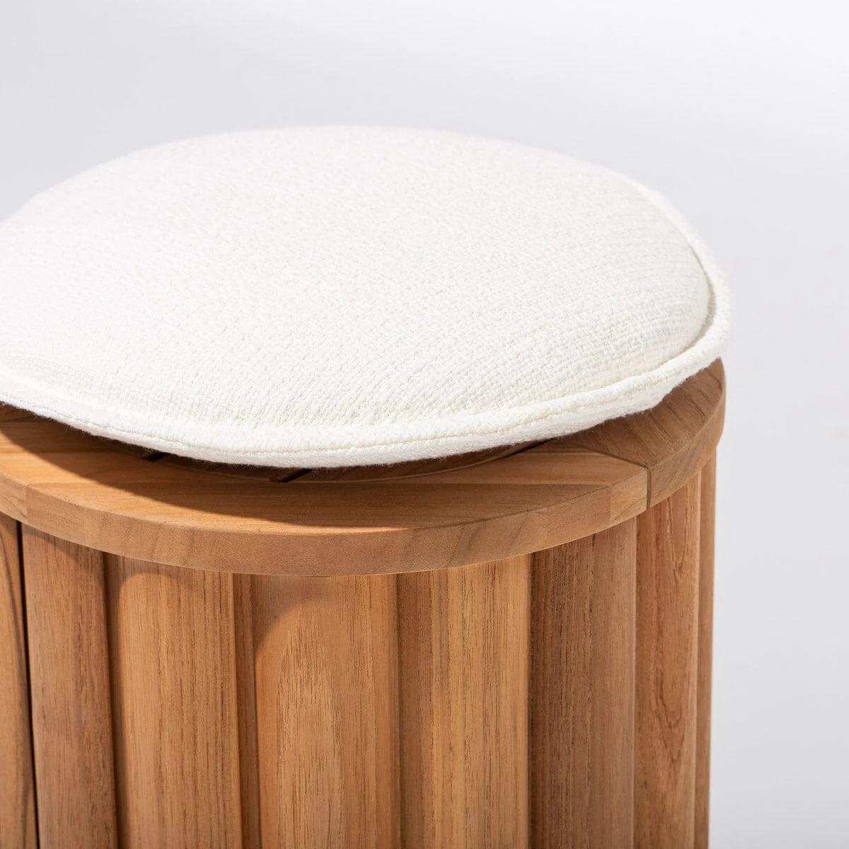 The Daisy Teak Stool in Teakwood | Boucle Antique White Cushion - Image 3