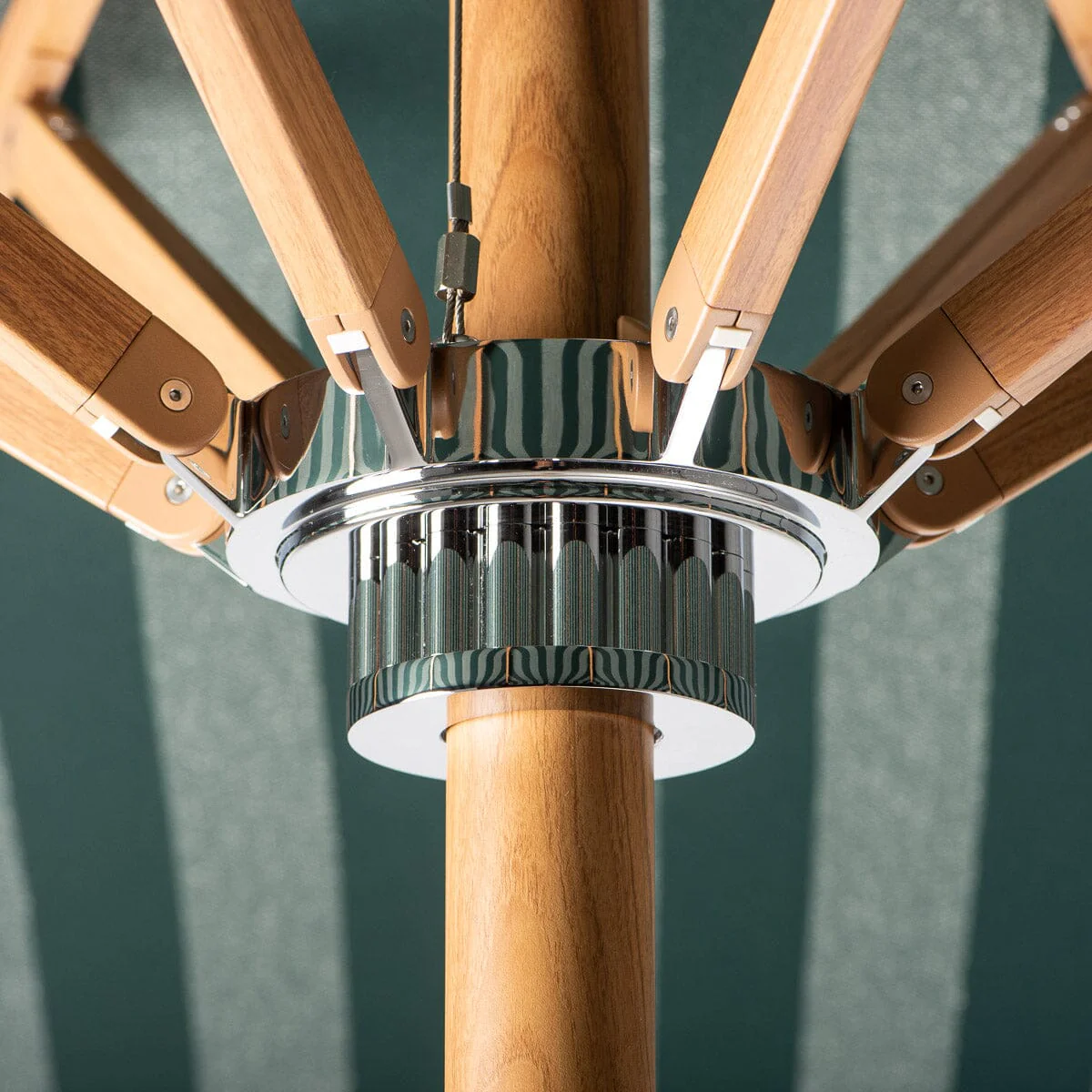 The Resort Market Umbrella in Terry Green Stripe | Transfer Teak Frame - Image 6