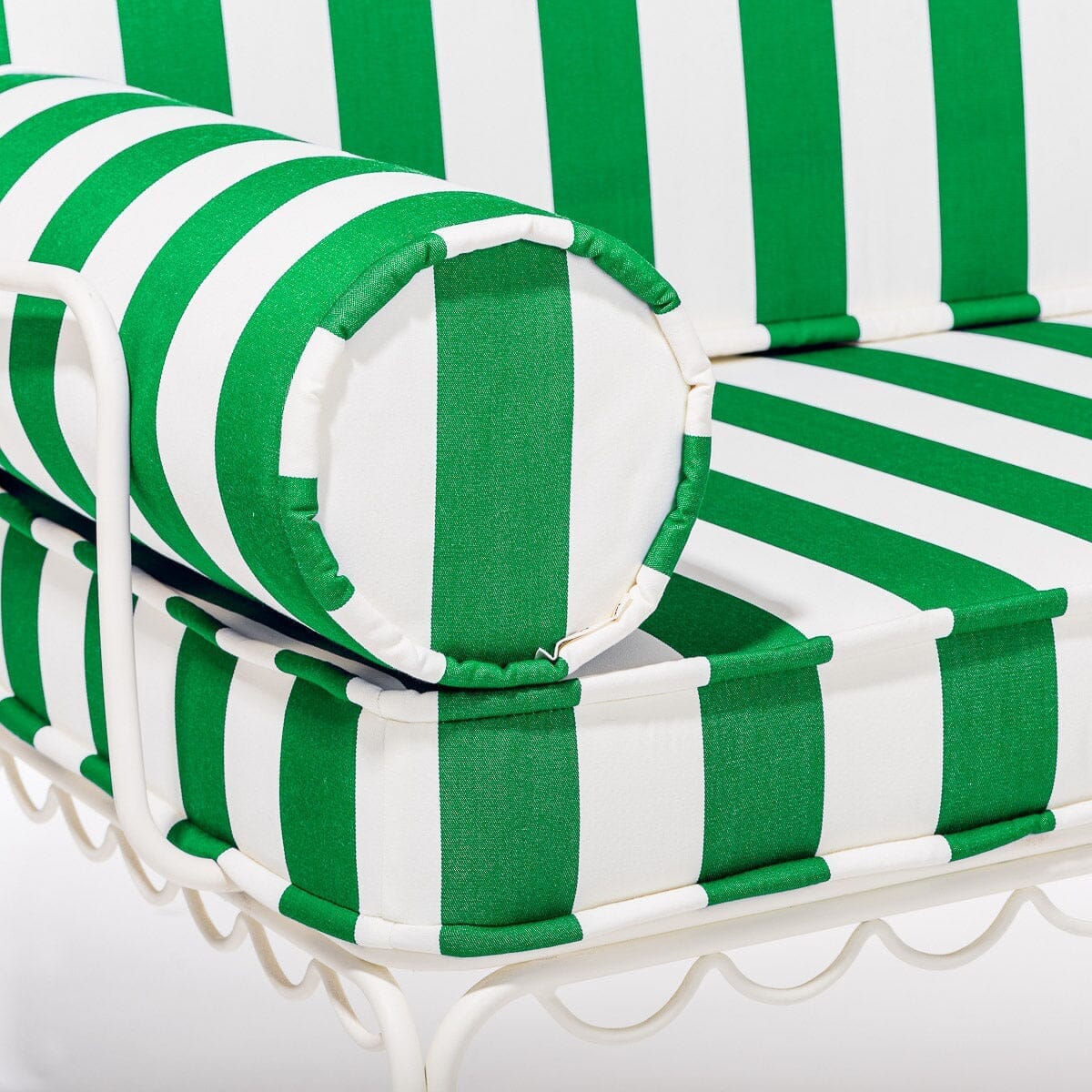 The Al Fresco Love Seat in Crew Canyon Green Stripe | Antique White Frame - Image 3