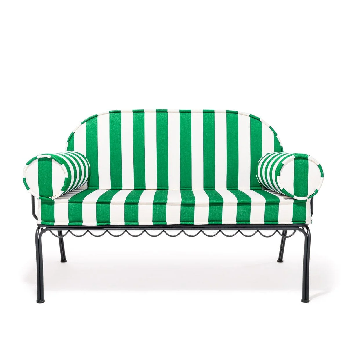The Al Fresco Love Seat in Crew Canyon Green Stripe | Vintage Black Frame