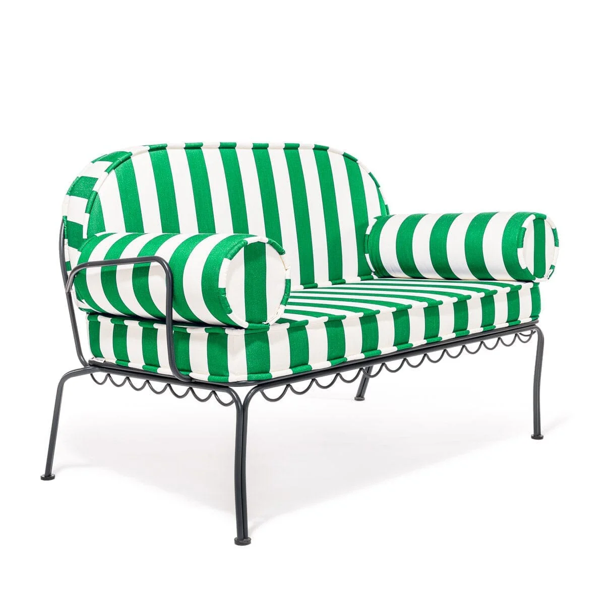 The Al Fresco Love Seat in Crew Canyon Green Stripe | Vintage Black Frame - Image 2