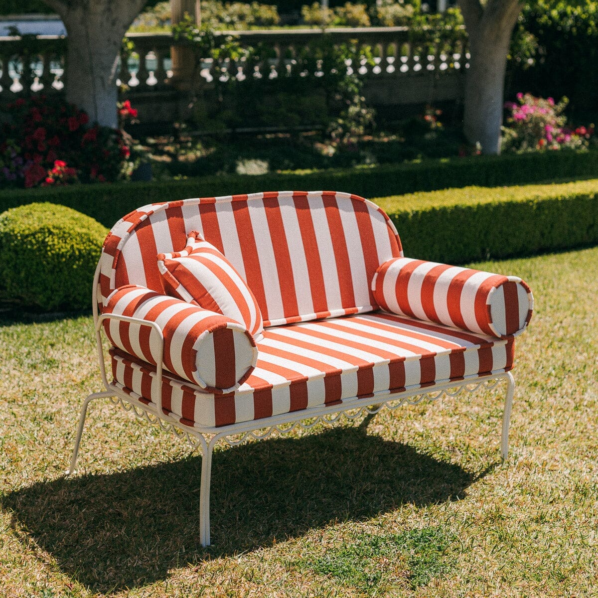 The Al Fresco Love Seat in Crew Le Sirenuse Stripe | Antique White Frame - Image 5