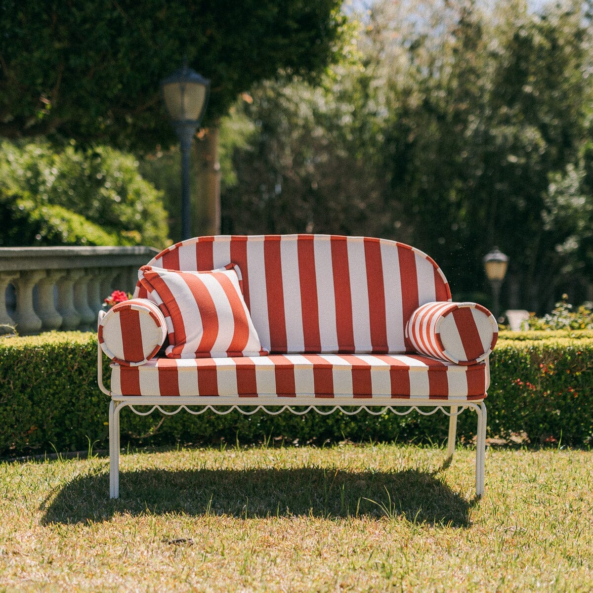 The Al Fresco Love Seat in Crew Le Sirenuse Stripe | Antique White Frame - Image 6