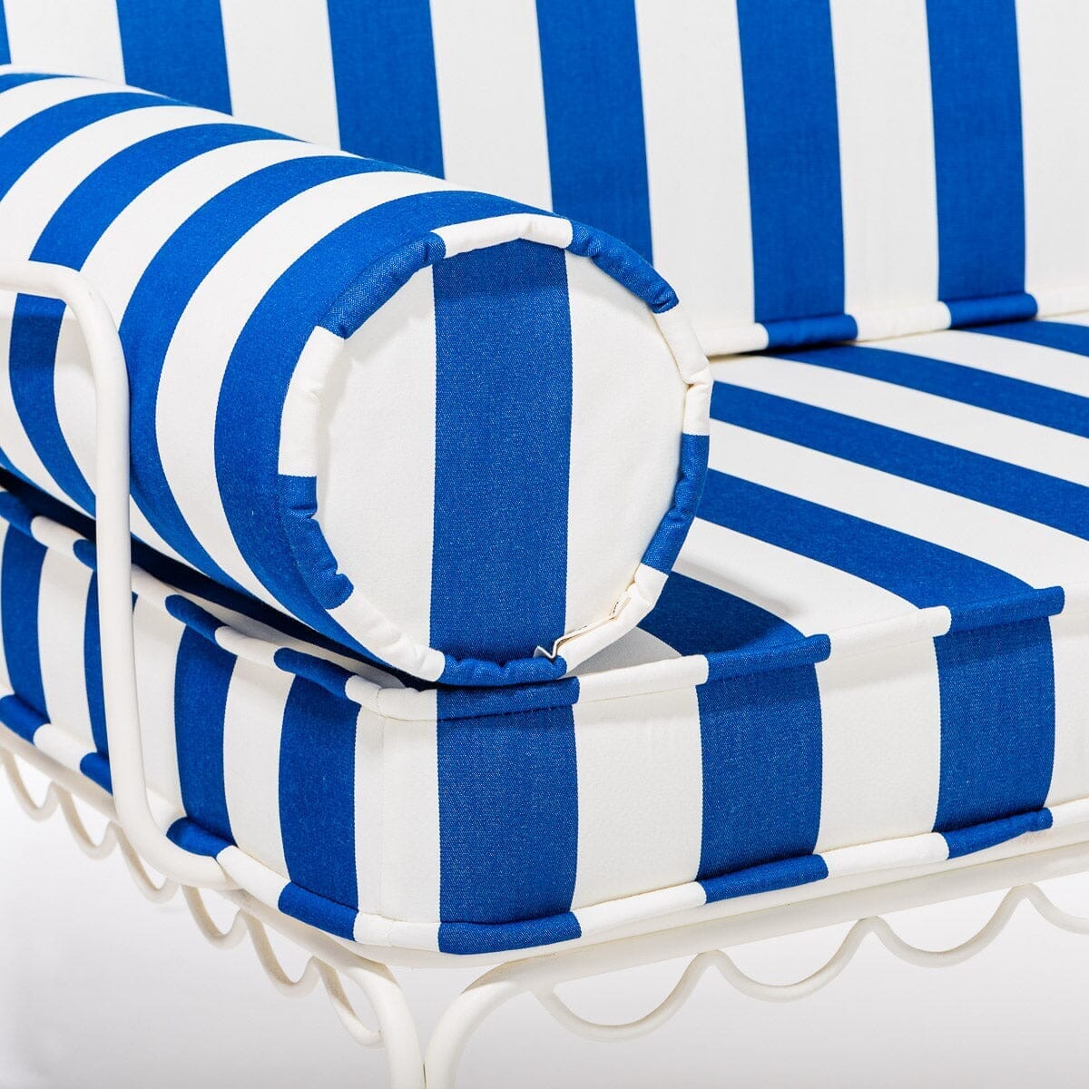 The Al Fresco Love Seat in Crew Mediterranean Blue Stripe | Antique White Frame - Image 4