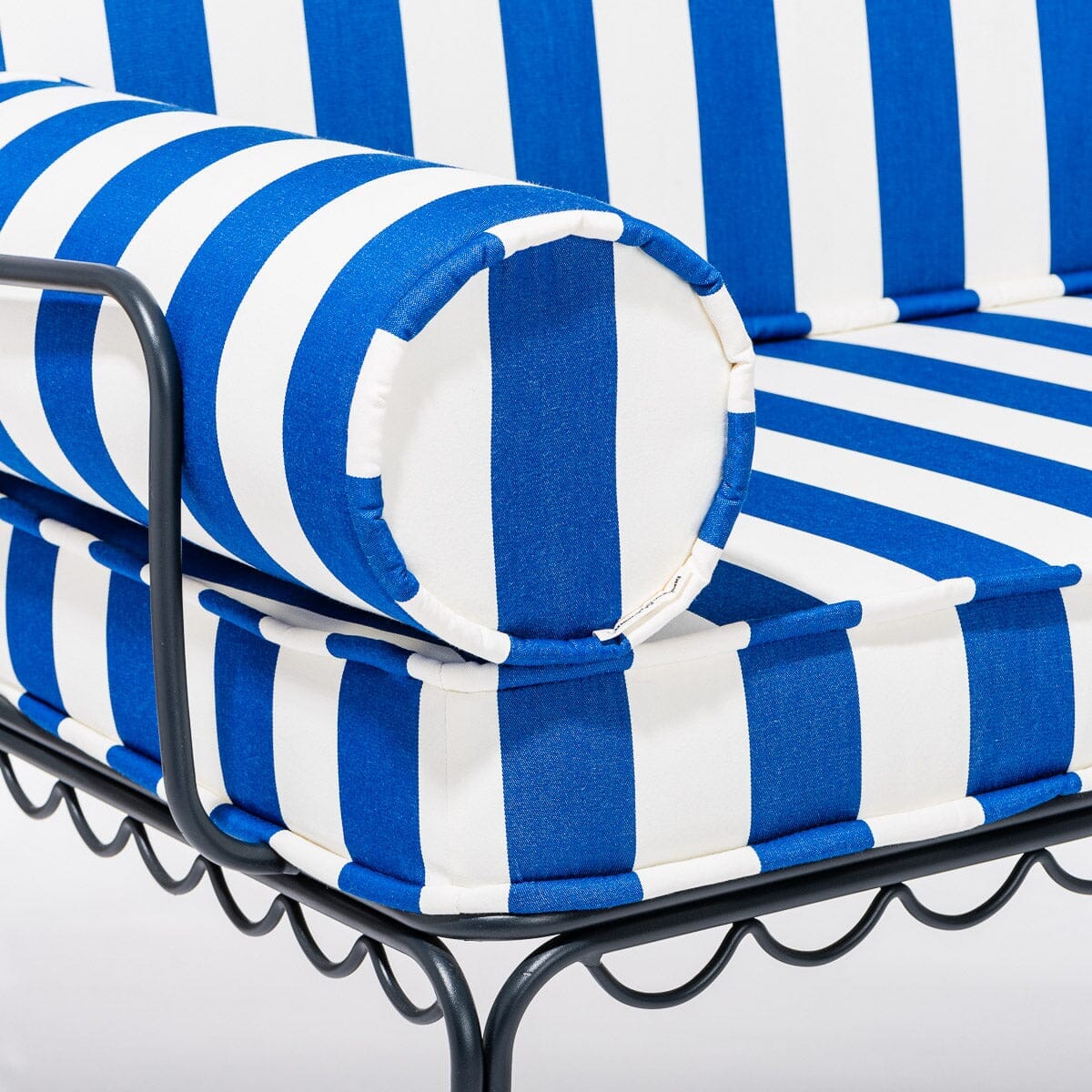 The Al Fresco Love Seat in Crew Mediterranean Blue Stripe | Vintage Black Frame - Image 3