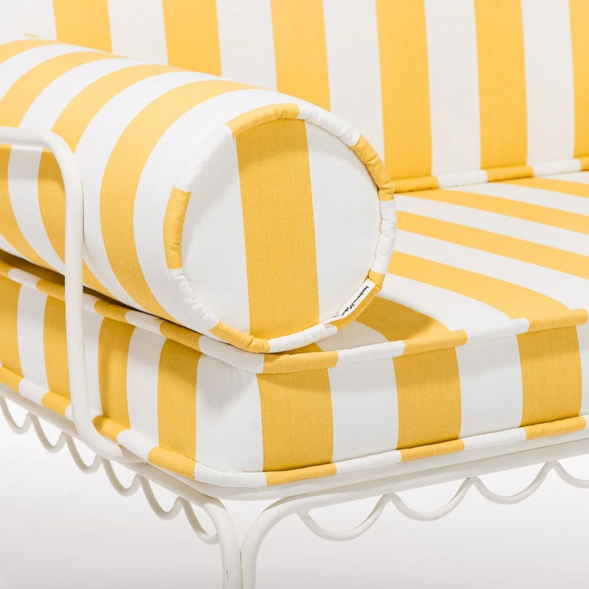 The Al Fresco Love Seat in Crew Mimosa Yellow Stripe | Antique White Frame - Image 4