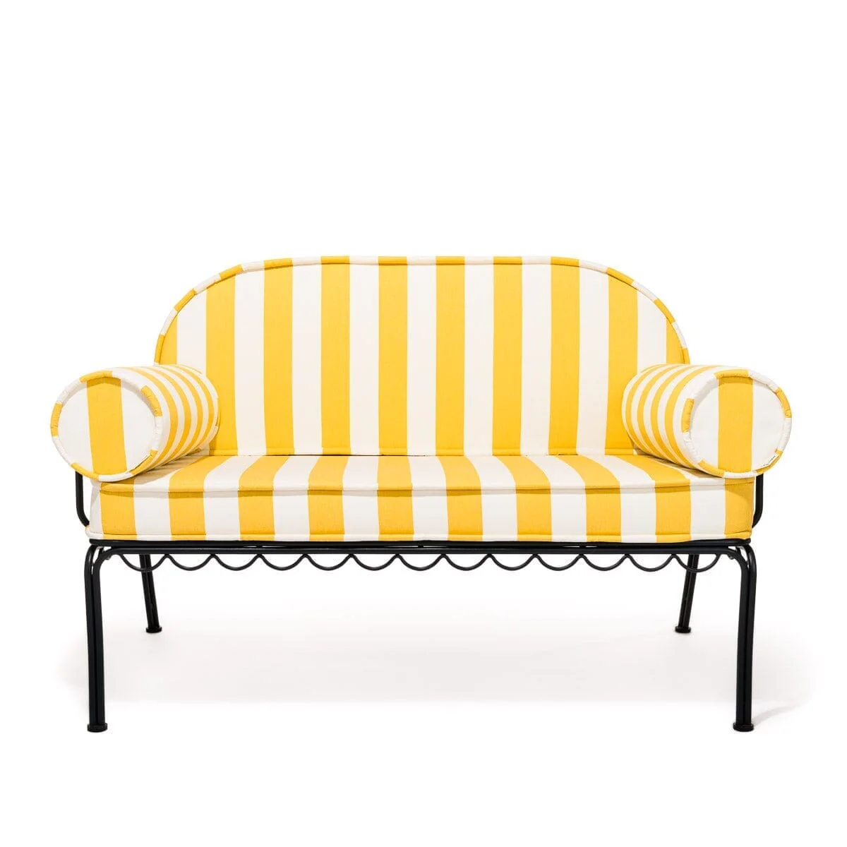 The Al Fresco Love Seat in Crew Mimosa Yellow Stripe | Vintage Black Frame