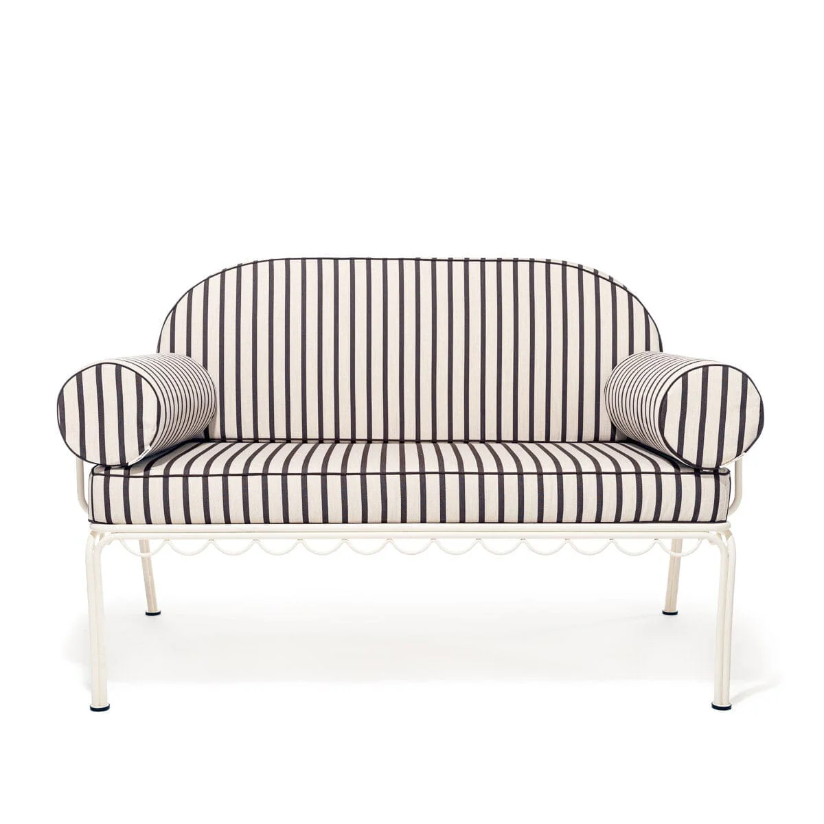 The Al Fresco Love Seat in Monaco Black Stripe | Antique White Frame