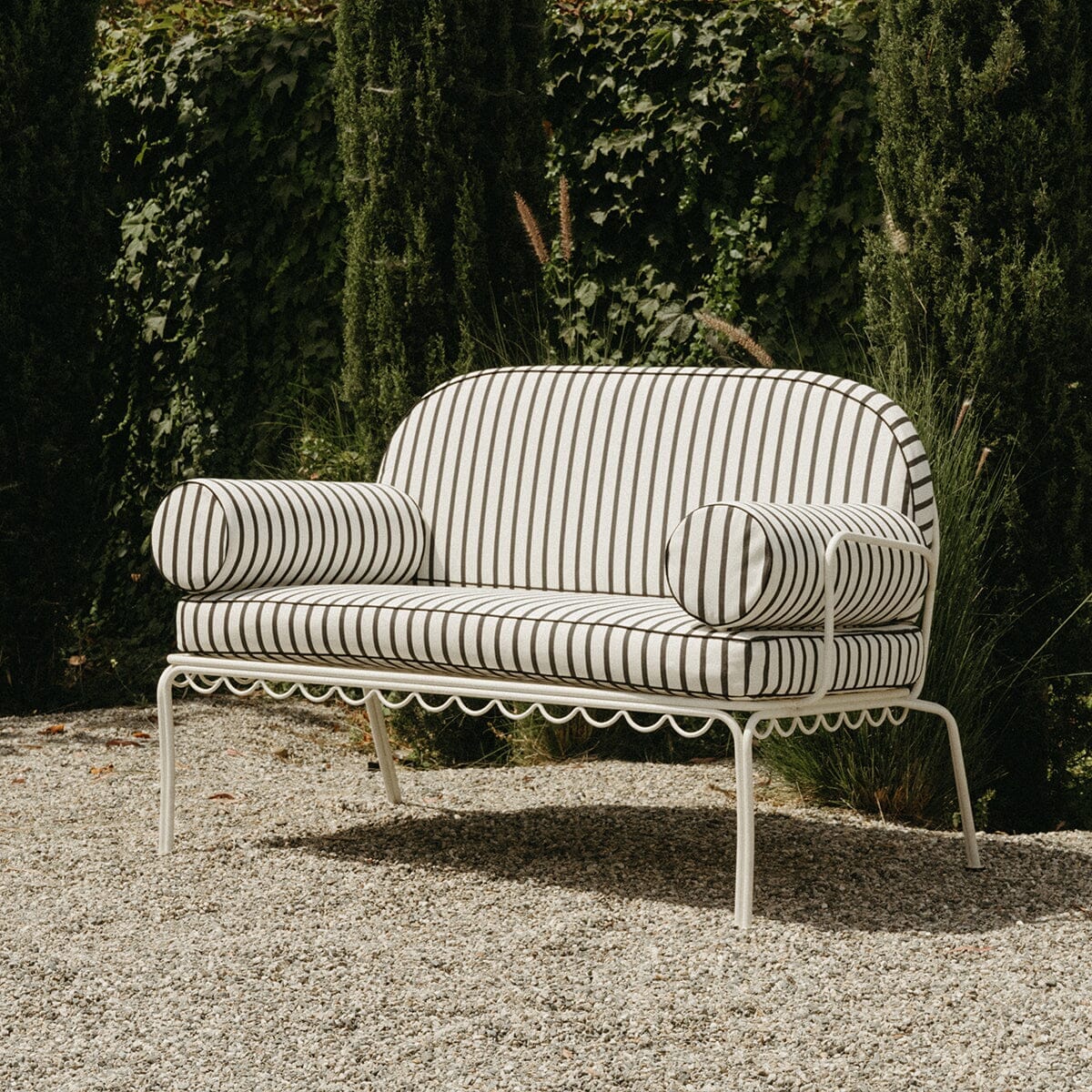 The Al Fresco Love Seat in Monaco Black Stripe | Antique White Frame - Image 2
