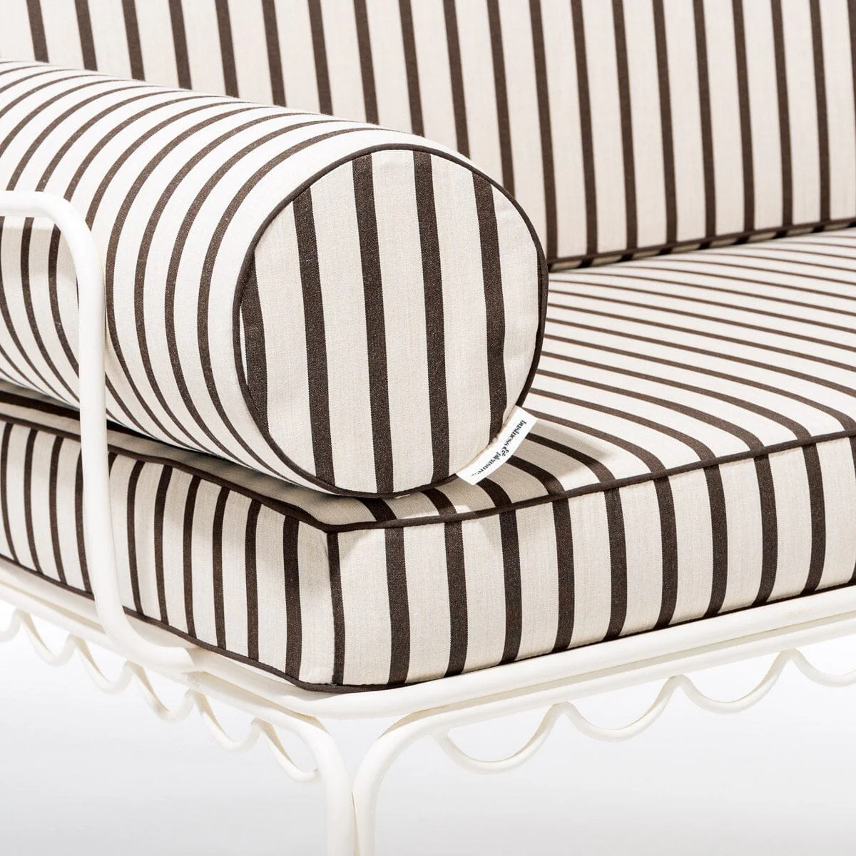 The Al Fresco Love Seat in Monaco Black Stripe | Antique White Frame - Image 4