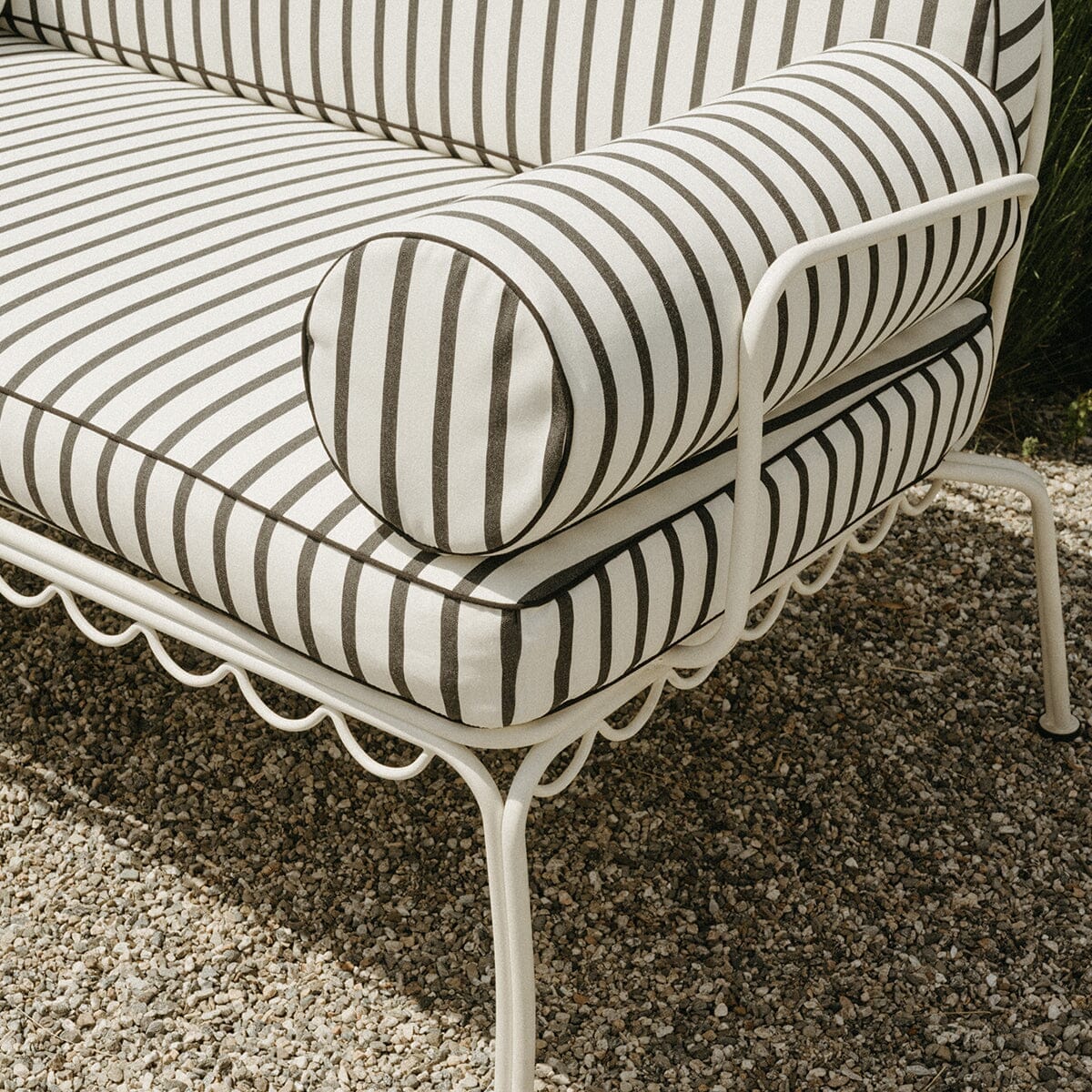 The Al Fresco Love Seat in Monaco Black Stripe | Antique White Frame - Image 5