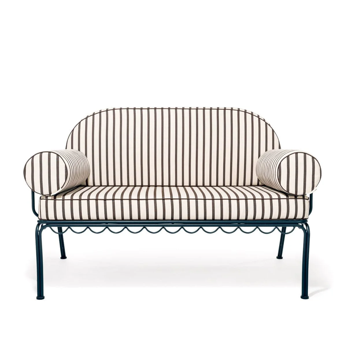 The Al Fresco Love Seat in Monaco Black Stripe | Vintage Black Frame