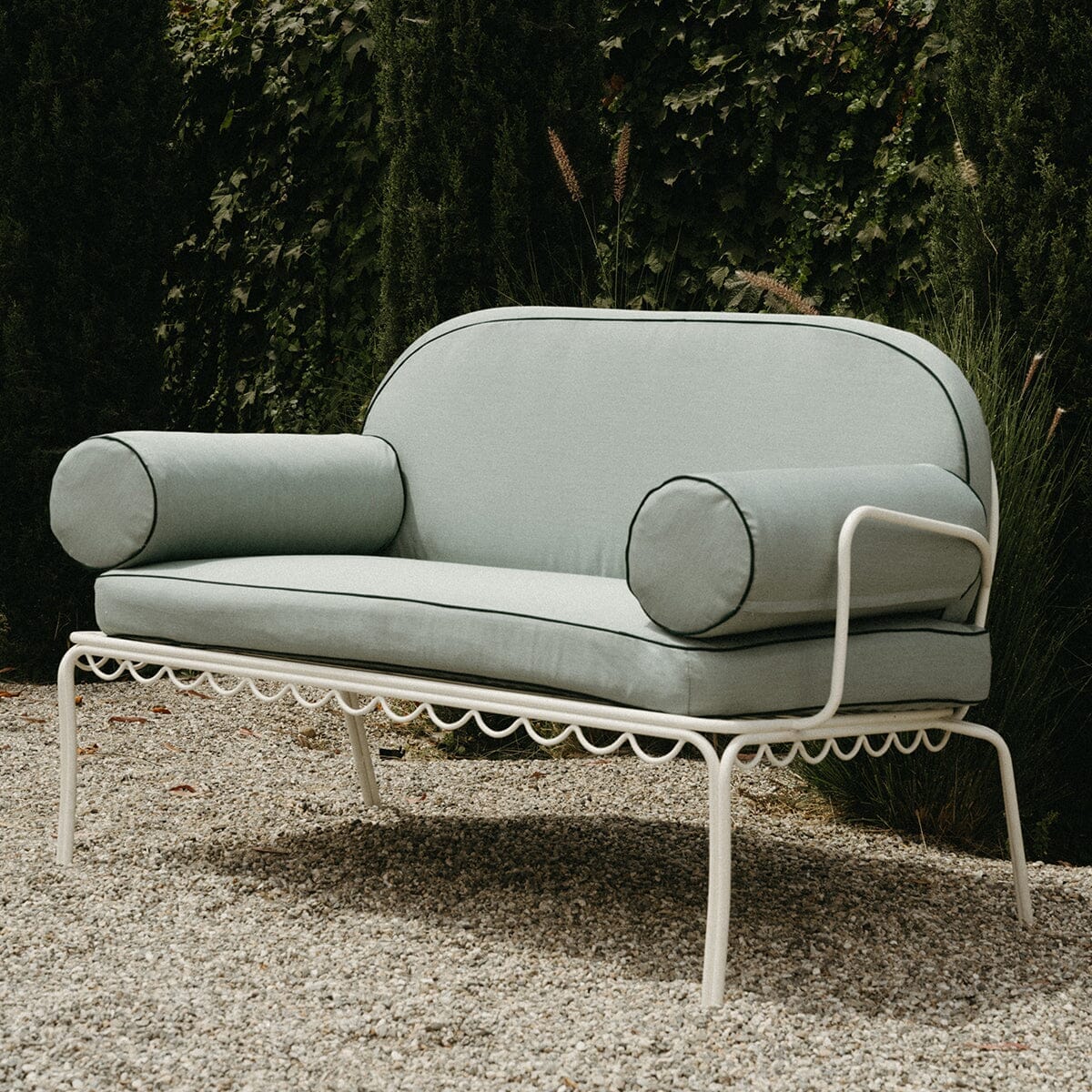 The Al Fresco Love Seat in Rivie Green | Antique White Frame - Image 5