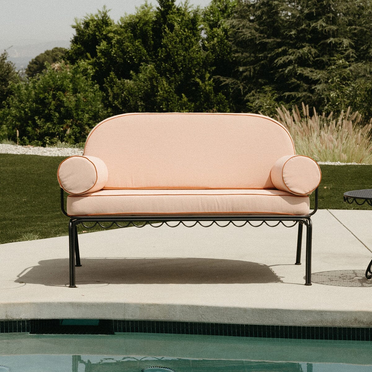 The Al Fresco Love Seat in Rivie Pink | Vintage Black Frame - Image 2
