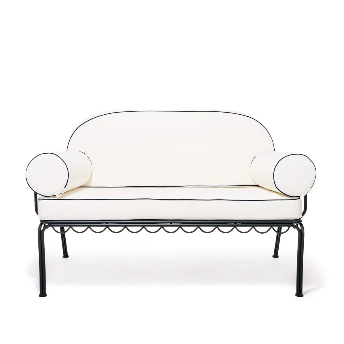 The Al Fresco Love Seat in Rivie White | Vintage Black Frame