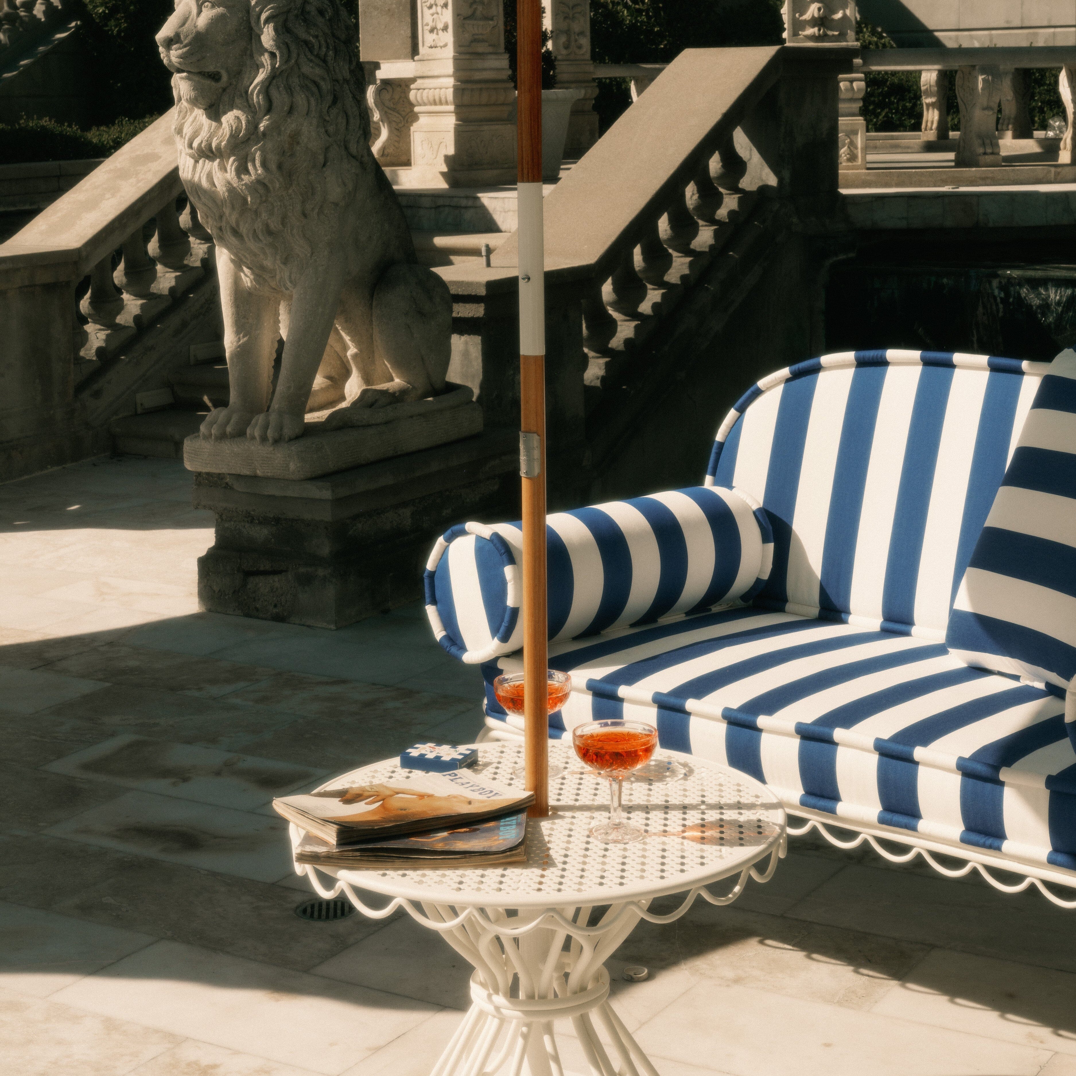 The Al Fresco Love Seat Slip Cover Set - Crew Mediterranean Blue Stripe - Image 2