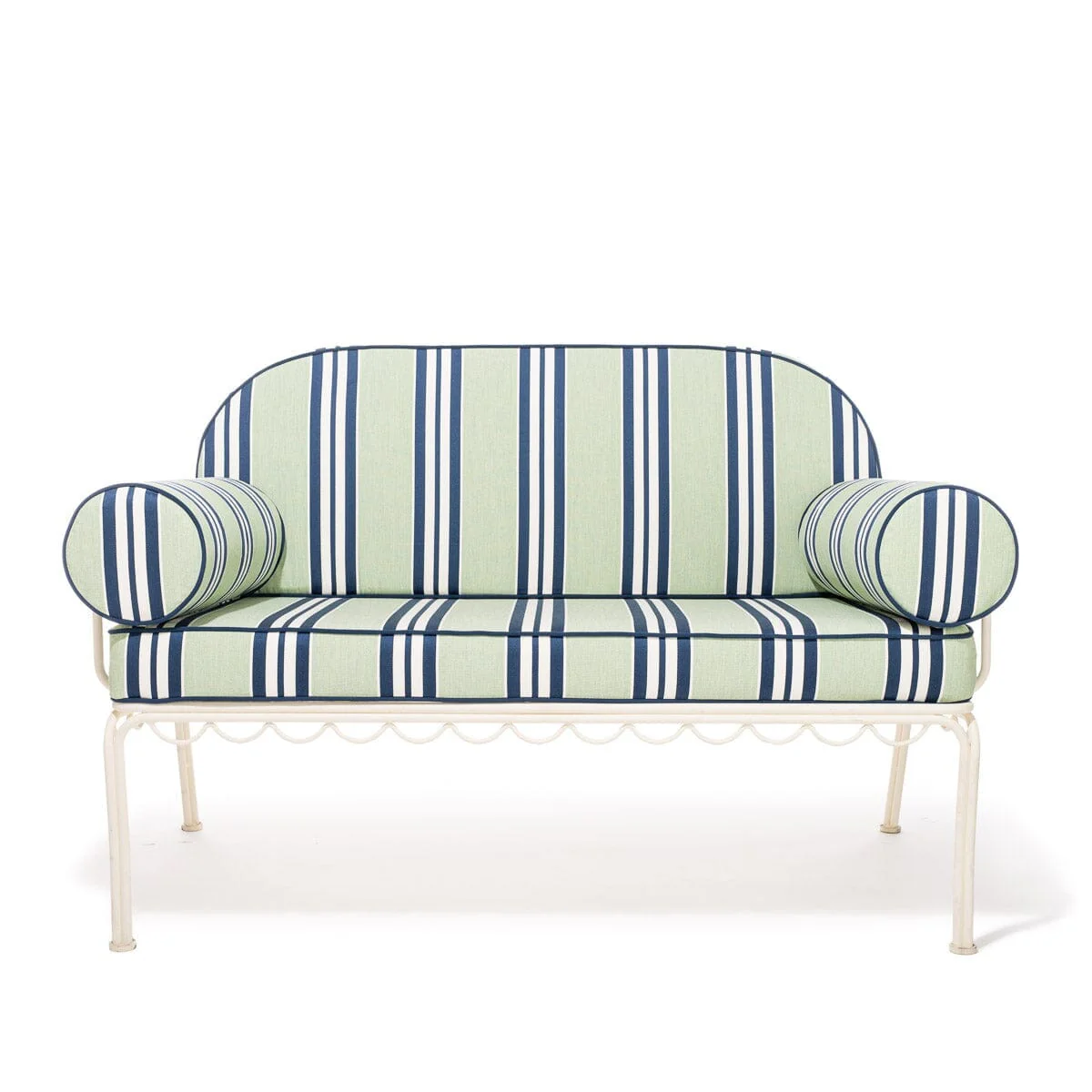 The Al Fresco Love Seat x Julia Berolzheimer in Green Stripes | Antique White Frame