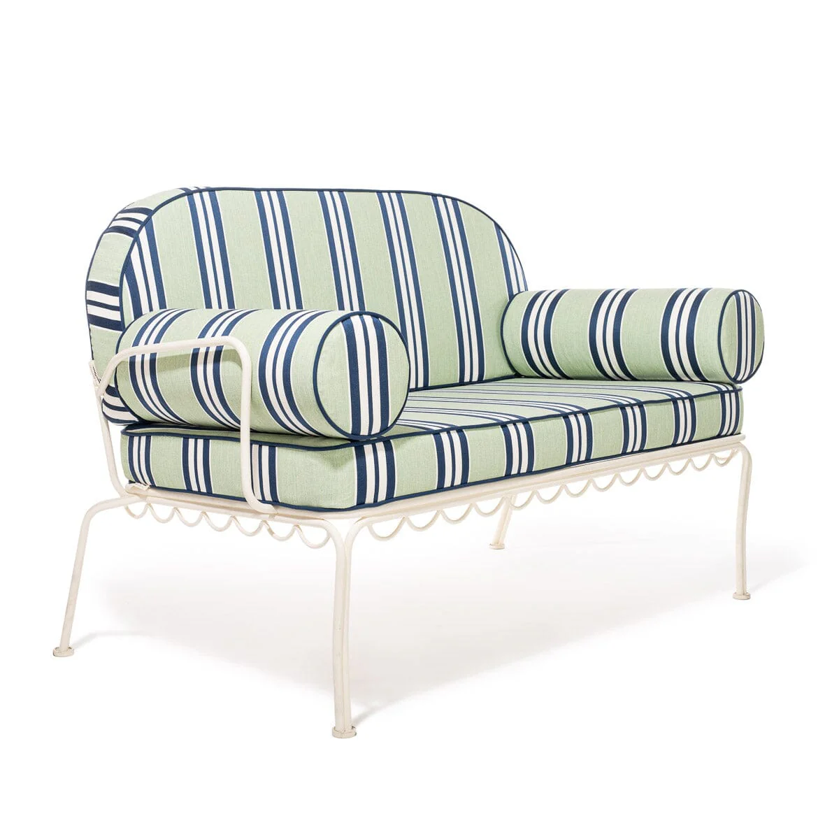 The Al Fresco Love Seat x Julia Berolzheimer in Green Stripes | Antique White Frame - Image 3