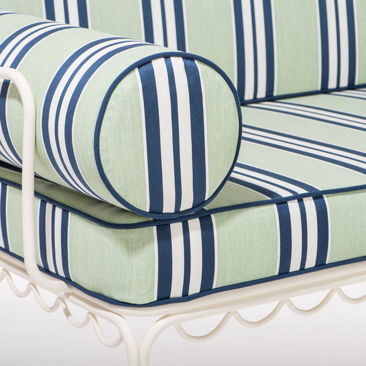 The Al Fresco Love Seat x Julia Berolzheimer in Green Stripes | Antique White Frame - Image 4