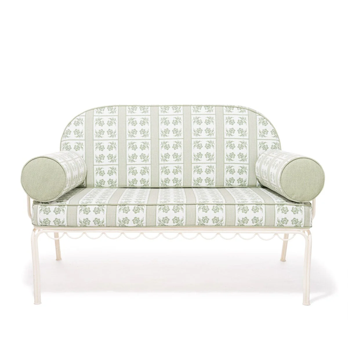The Al Fresco Love Seat x Julia Berolzheimer in Jacquard Green | Antique White Frame