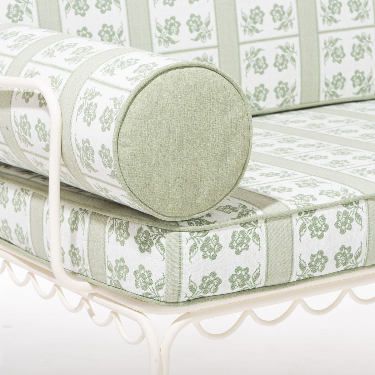 The Al Fresco Love Seat x Julia Berolzheimer in Jacquard Green | Antique White Frame - Image 3