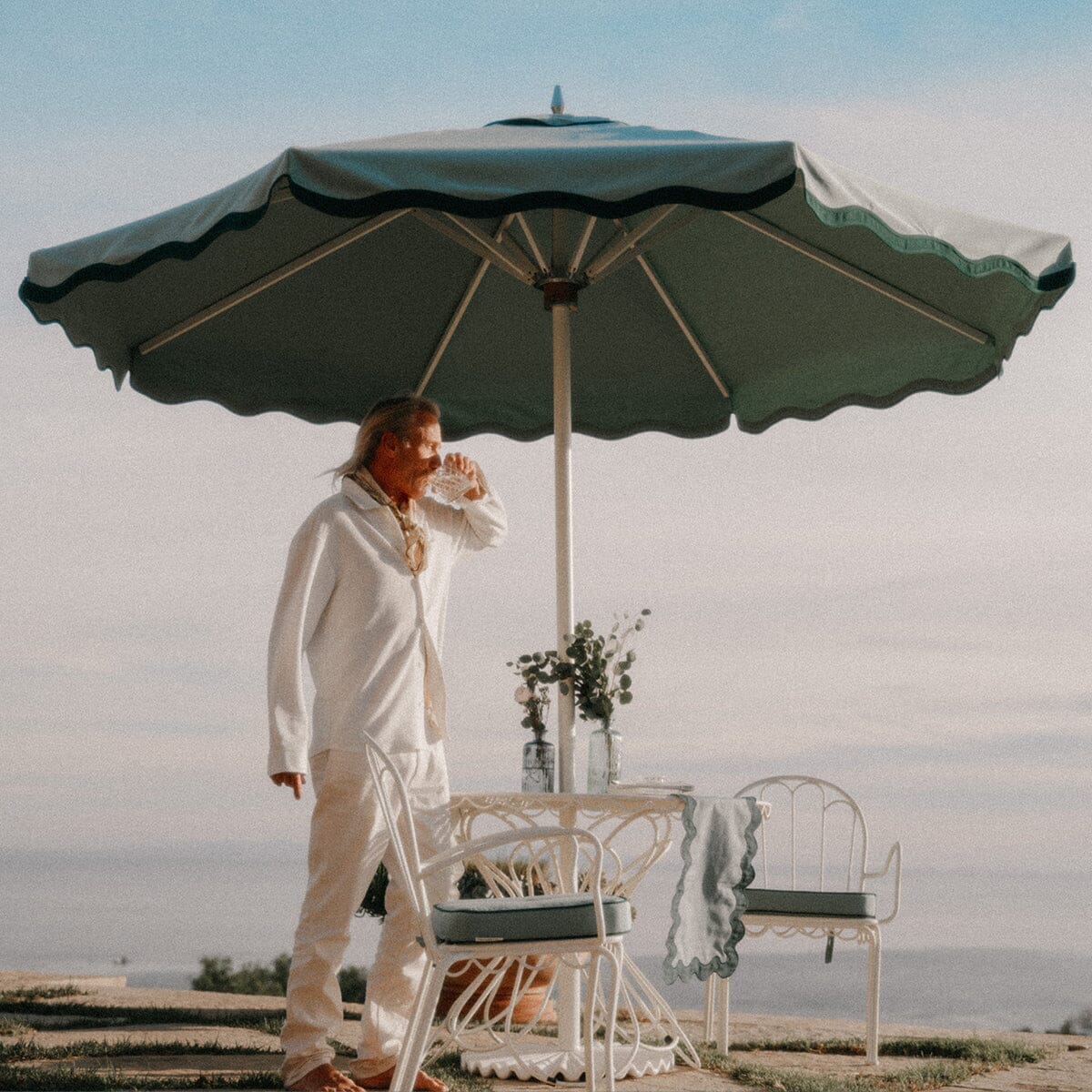 The Resort Market Umbrella in Rivie Green | 10' Antique White Frame - Image 12