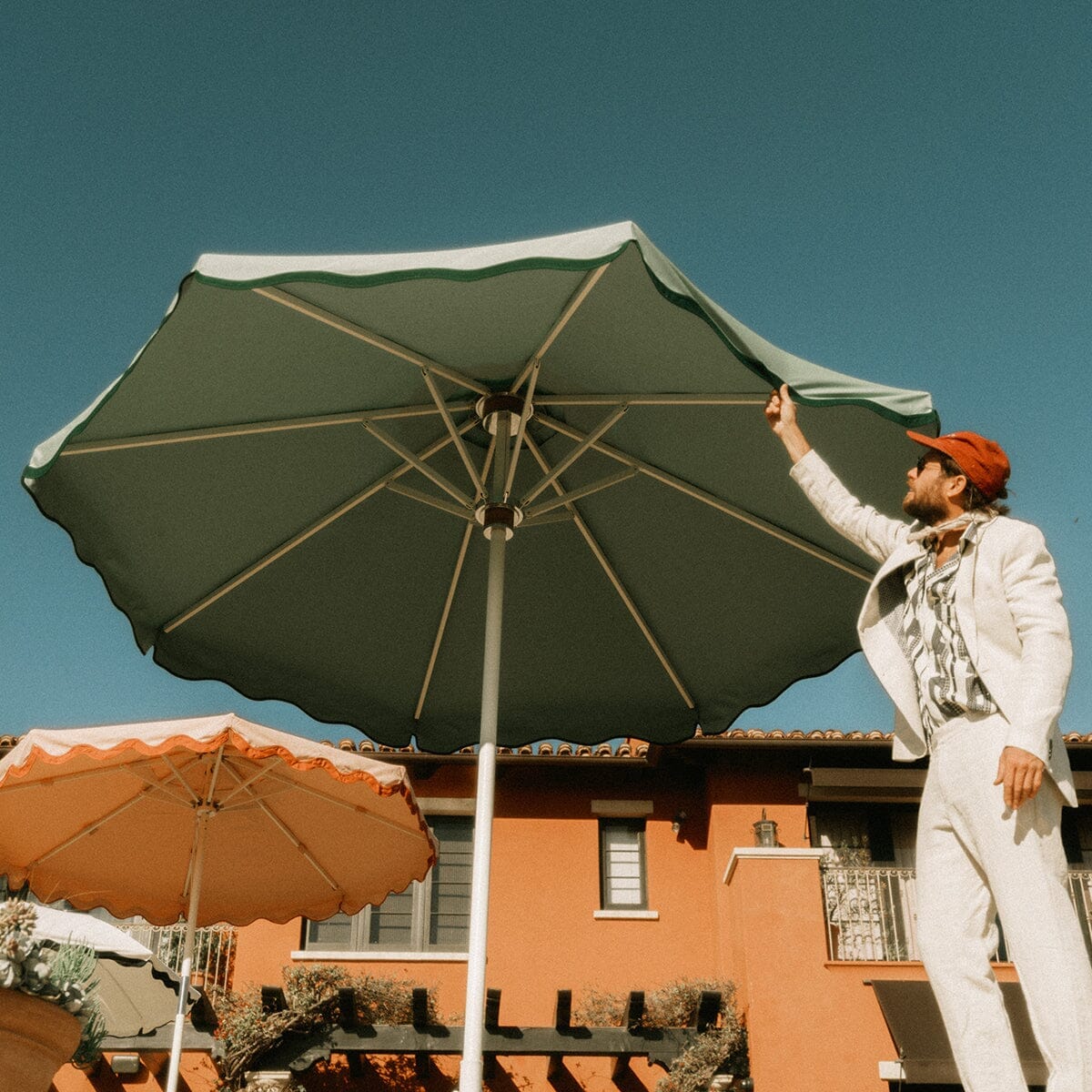 The Resort Market Umbrella in Rivie Green | 10' Antique White Frame - Image 15