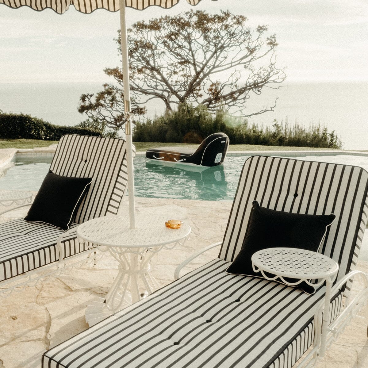The Al Fresco Sun Lounger in Monaco Black Stripe | Antique White Frame - Image 2